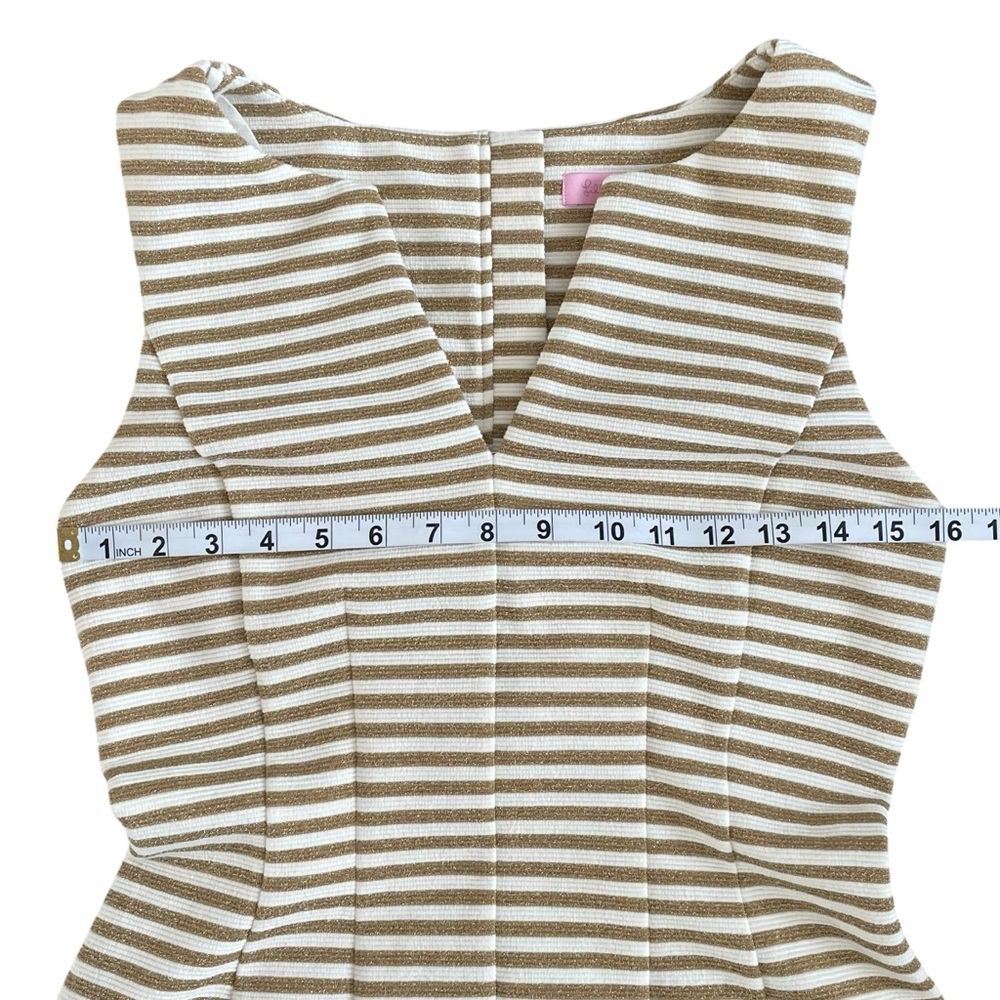 Lilly Pulitzer Cream & Gold Striped wide strap split neck tailored Mini Dress S - Picture 12 of 13